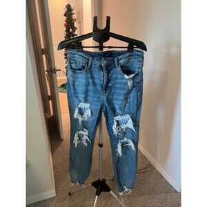 Judy Blue Denim - Distressed Gingham Patchwork High-Rise Skinny Jeans Size 14